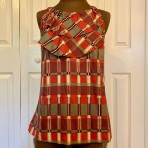 Banana Republic Red and Brown Ruffled Blouse with Bib Collar